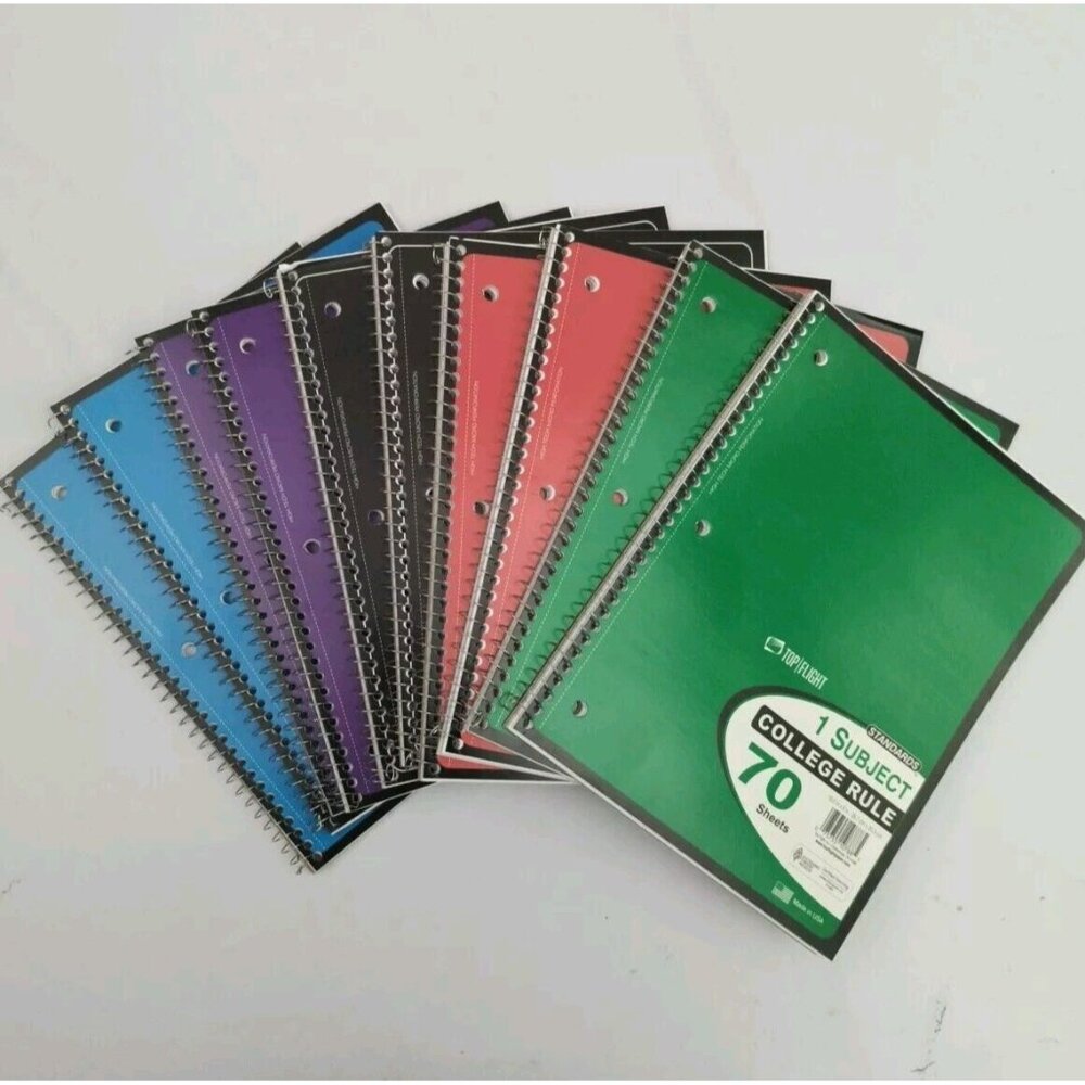 10 Pack Top Flight Spiral Notebook COLLEGE 1 Subject 70 Sheets Assorted Colors